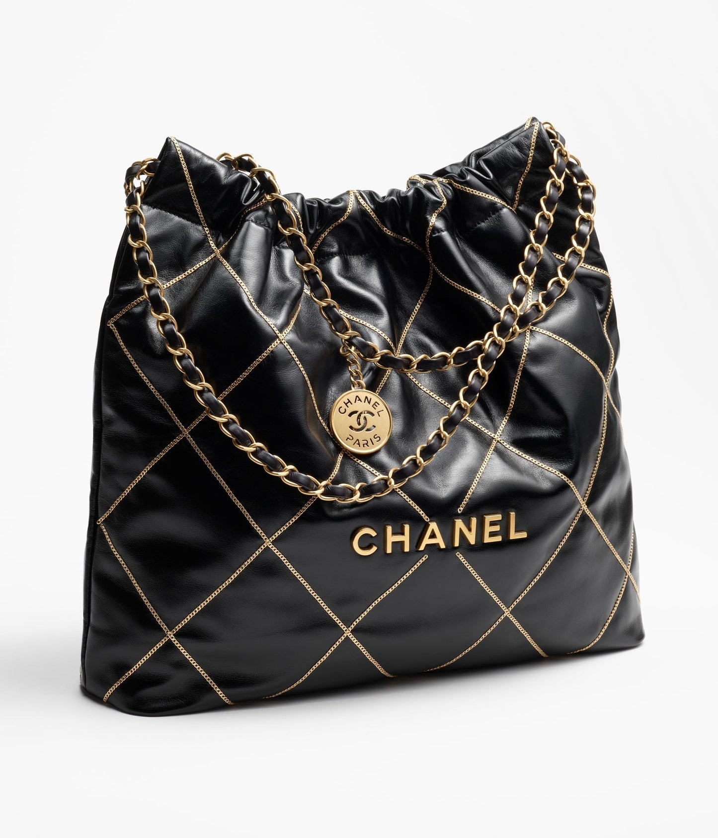 Chanel 22 Handbag 23B Shiny Calfskin Black Chain Quilt 35 x 37 x 7 cm