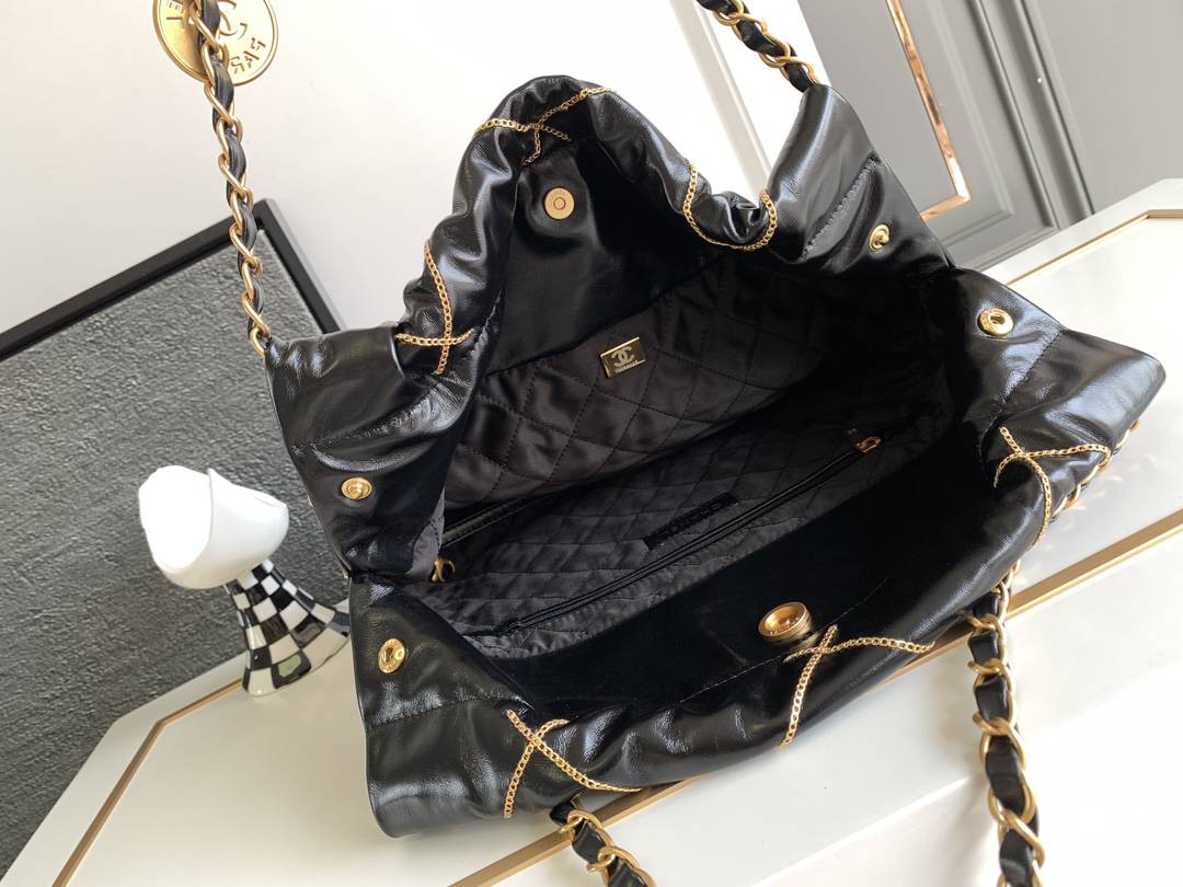 Chanel 22 Handbag 23B Shiny Calfskin Black Chain Quilt 35 x 37 x 7 cm