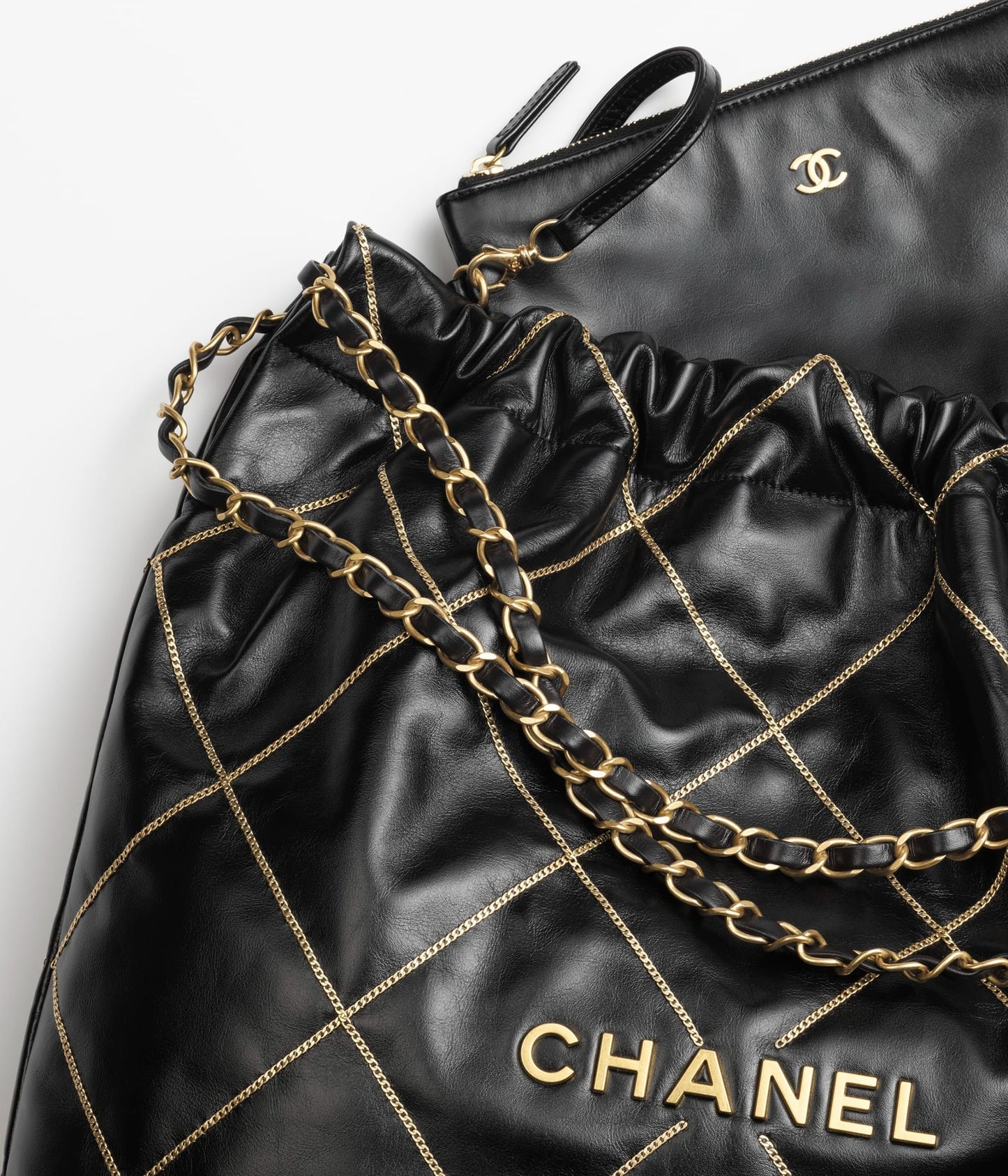Chanel 22 Handbag 23B Shiny Calfskin Black Chain Quilt 35 x 37 x 7 cm